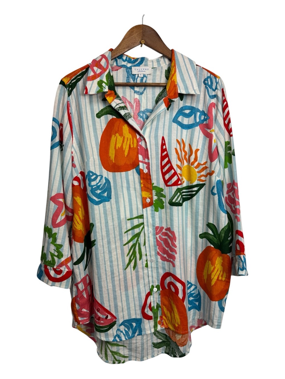 Calypso St. Barth Blue Striped Button-Down with Multicolor Fruit Print tropical